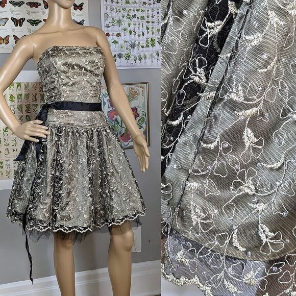 Vintage 90s y2k Jessica McClintock Strapless Mini Dress Prom Mesh Gold Size 0 - Picture 1 of 12